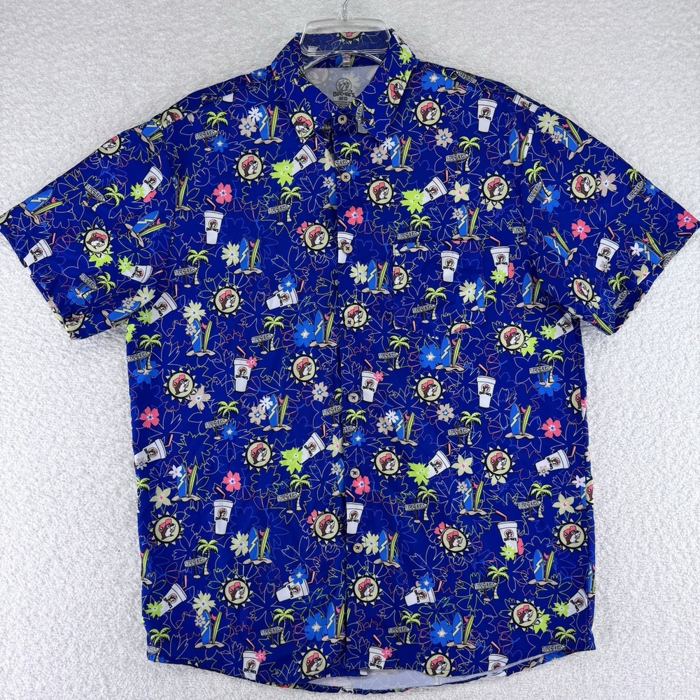 Buc-ee's Short Sleeve Hawaiaan Button Up Shirt Mens Medium Blue